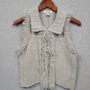 Banana Republic Sweater Vest Light Gray Alpaca Wool Fringe Cable Knit Zip Sz XSP